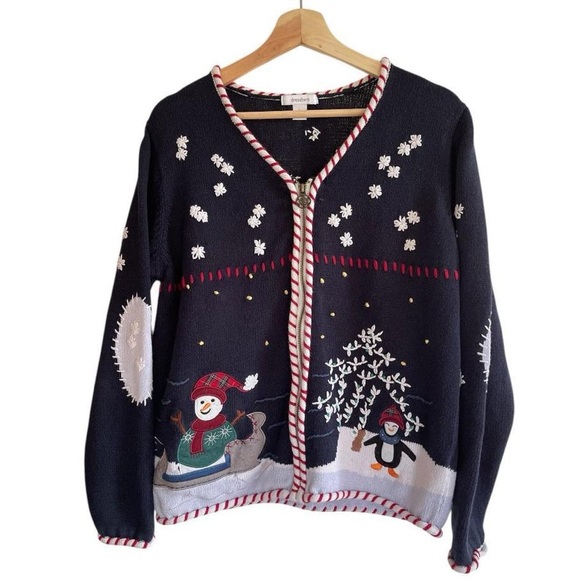 Dress Barn Navy Blue Knit Christmas Holiday Snowman Penguin Embroidered Cardigan - Picture 1 of 6